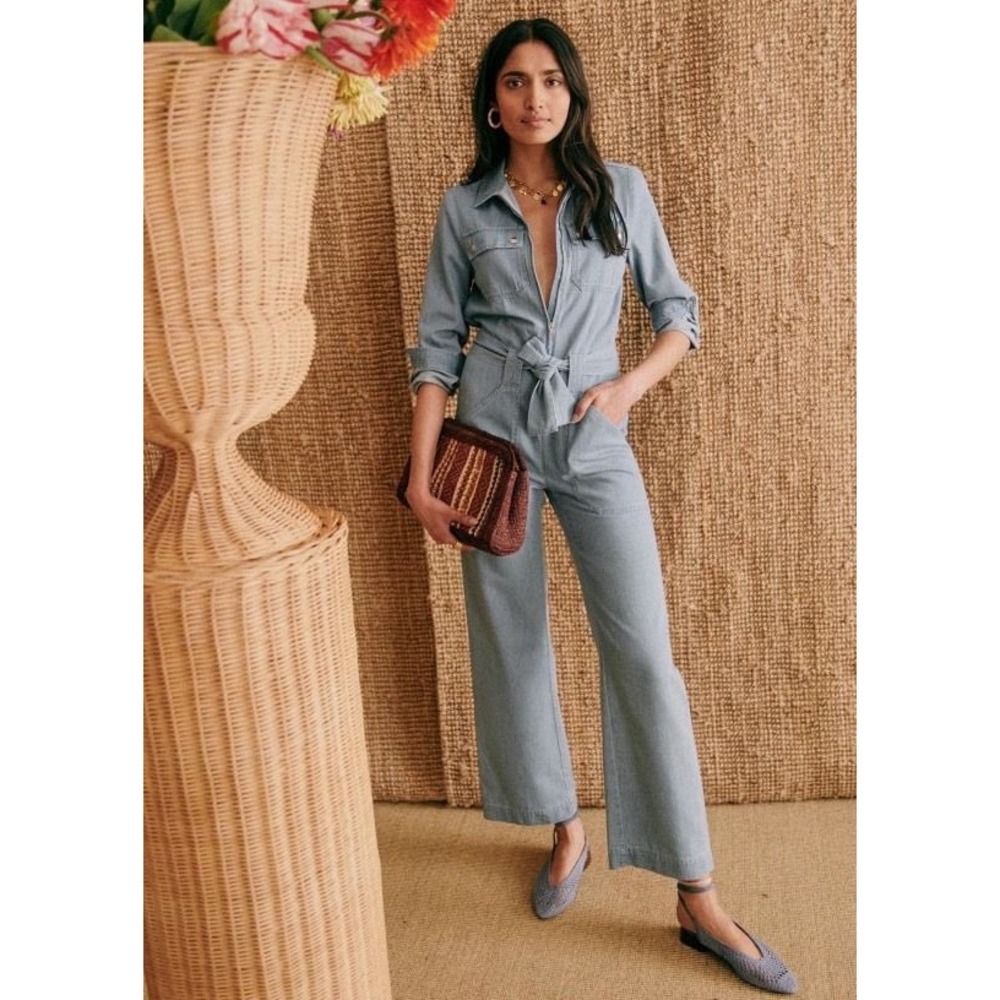 Sezane Denim Bob Jumpsuit Light Blue Wash Utility Long Sleeve Tie Waist US 6 NEW - Picture 5 of 14